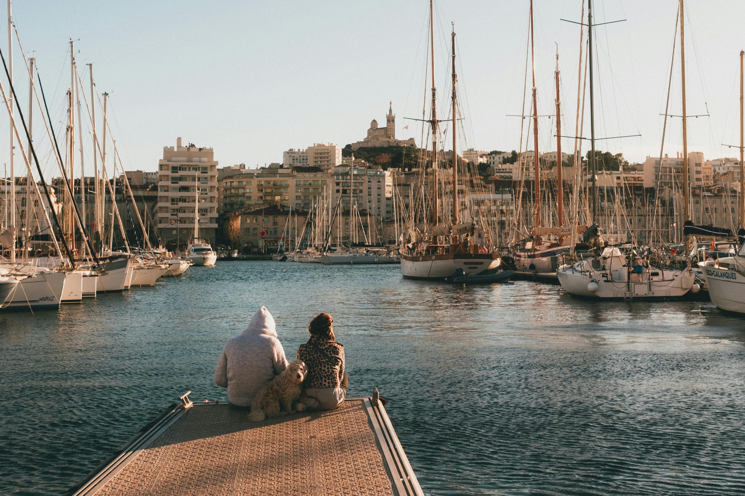 Couple and dog relaxing by the harbor with Marseille skyline. location food truck