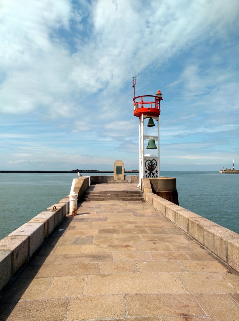 ocean, pier, bell tower, jetty, france, sea, water, sky, nature, harbour, horizon, seascape, le havre