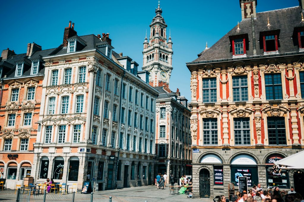 Ornate townhouses and belfry in Lille