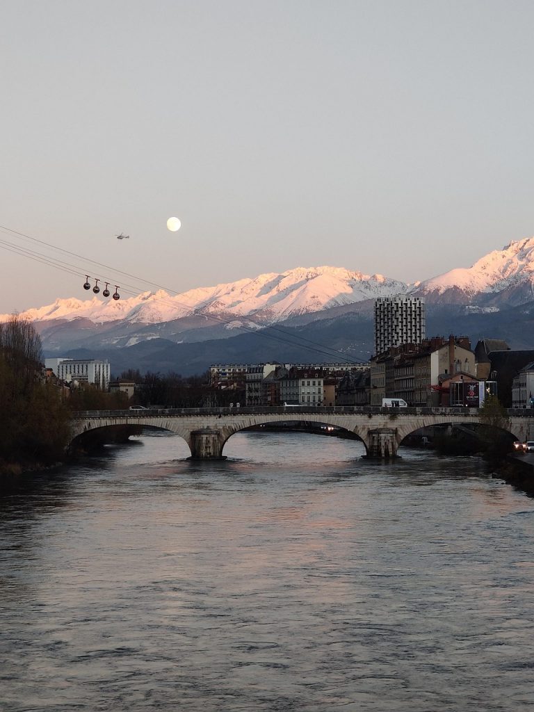 mountains, bridge, river, grenoble, moon, sunset, nature, city, urban, snow, france, grenoble, grenoble, grenoble, grenoble, grenoble