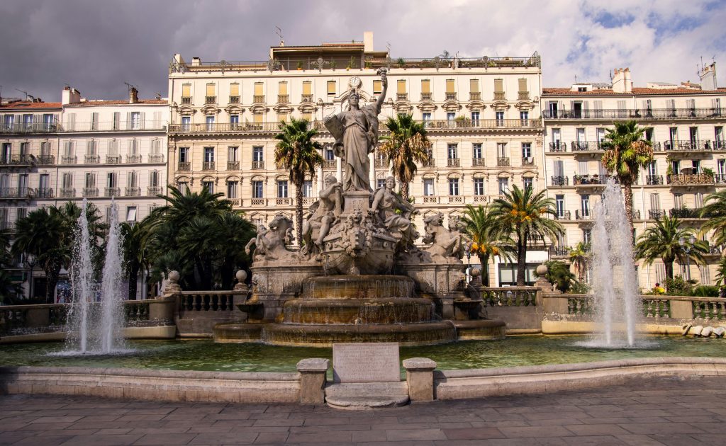 Scenic view of the fountain sculpture in Place de la Liberté, Toulon, France